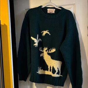 Hunter Green Sweater with white Moose and Bird Design design on back and front